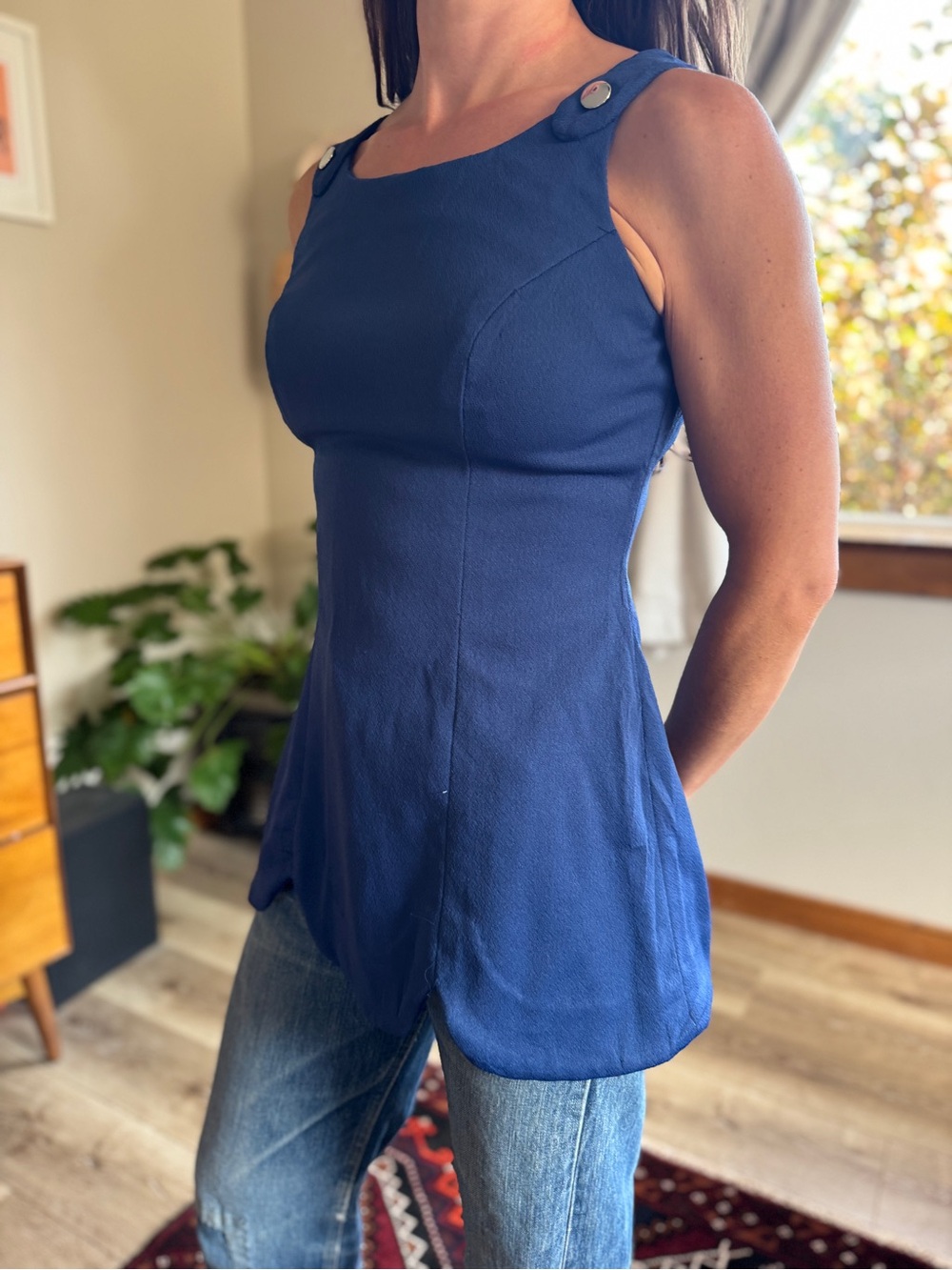 Vintage Mod Navy Blue Romper Playsuit Button Tab Straps